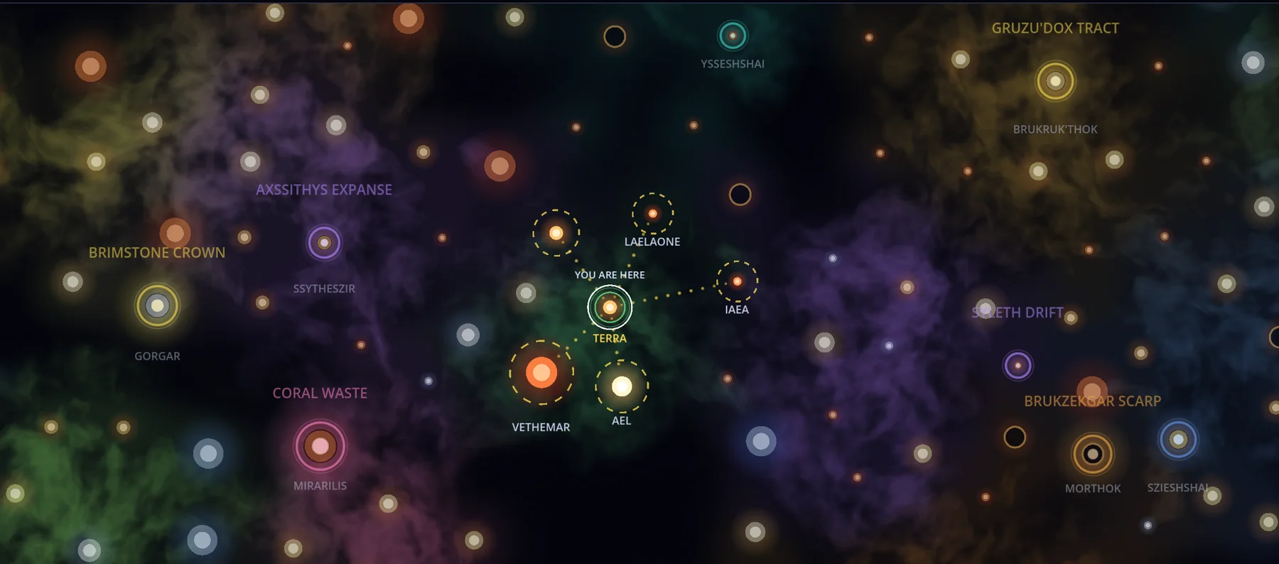 Work-in-progress screenshot of the star chart: named systems scattered across coloured nebulae, with the current system marked and the jumps available from it.